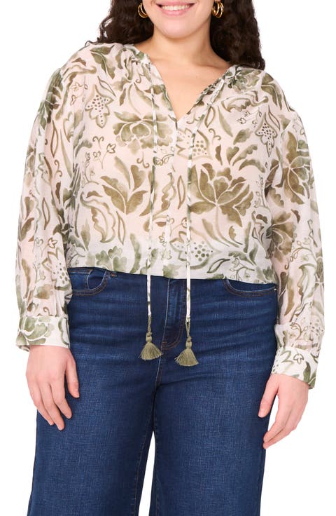 Oversize Tie Front Long Sleeve Top (Plus)