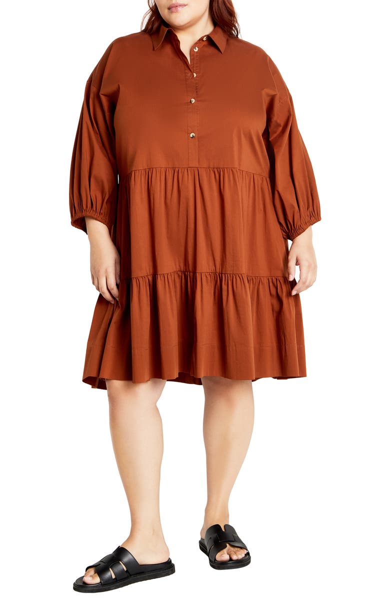 City Chic Kiara Balloon Sleeve Tiered Shirtdress, Main, color, Amber