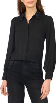 CeCe Floral Appliqué Long Sleeve Shirt