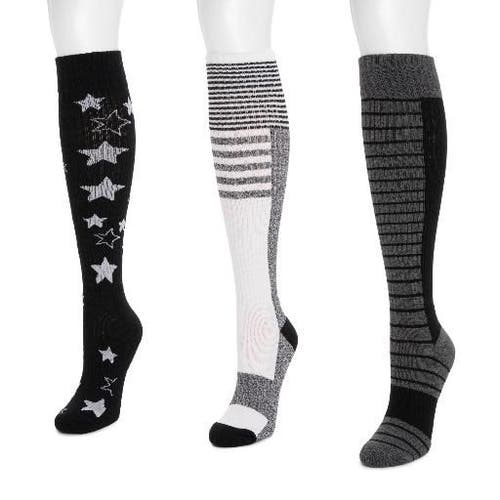 Muk Luks Cotton Rib Compression Knee-high Socks 3 Pair Pack Wide Size In Black