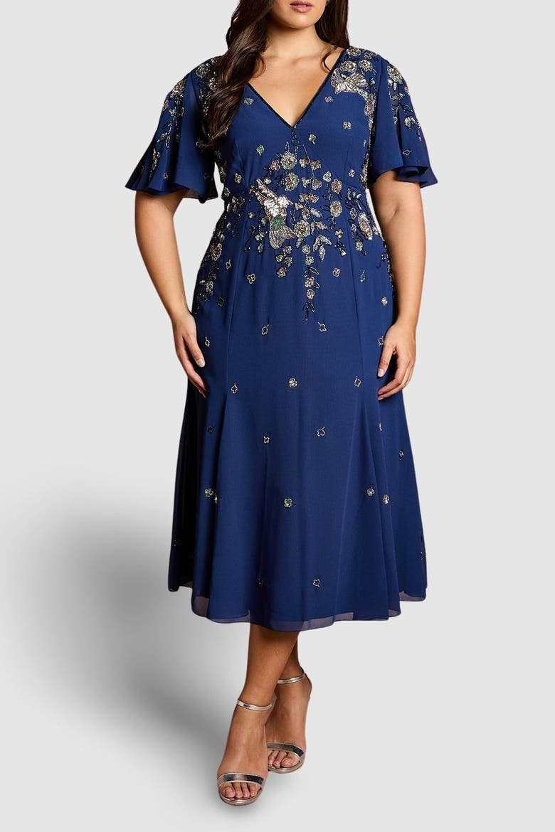 Plus Floral Embellished Midi Dress, Alternate, color, Navy
