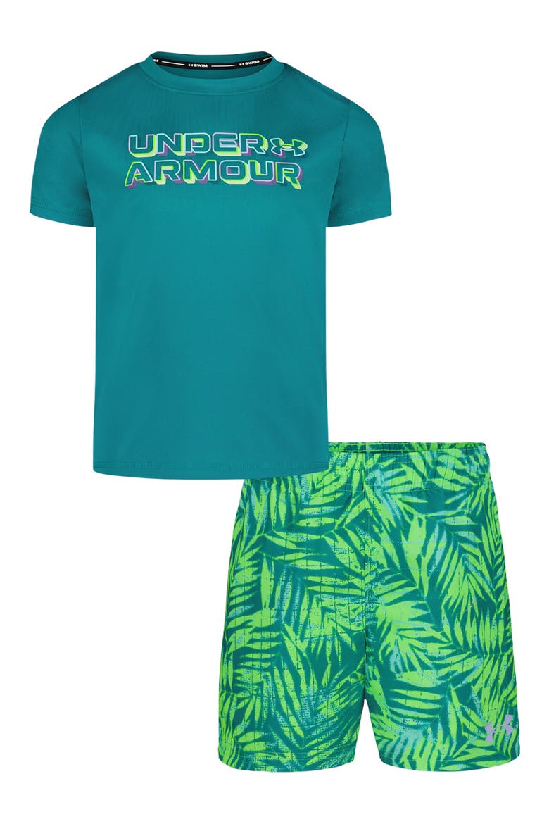 Kids' Palm Grid Swim Graphic T-Shirt & Swim Trunks Set, Main, color, COASTAL TEAL