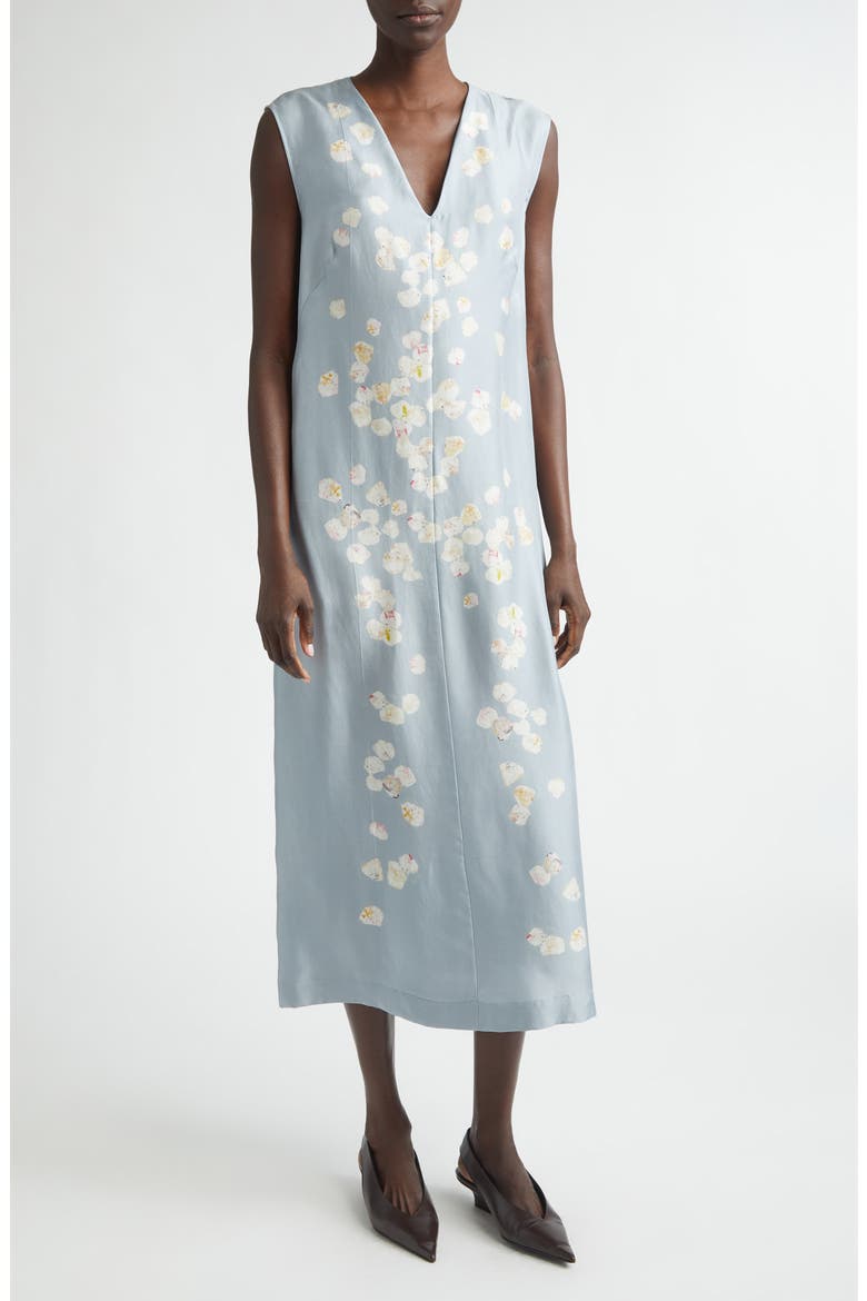 Cherie Petal Print Silk Midi Dress, Main, color, 415067 STORM PETALS