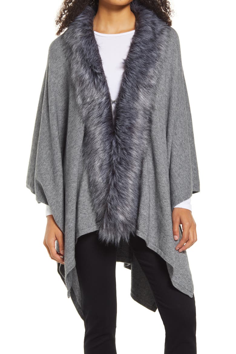 Ruana with Faux Fur Trim, Main, color, GREY