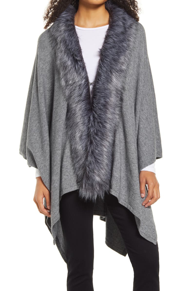 La Fiorentina Ruana with Faux Fur Trim, Main, color, Grey