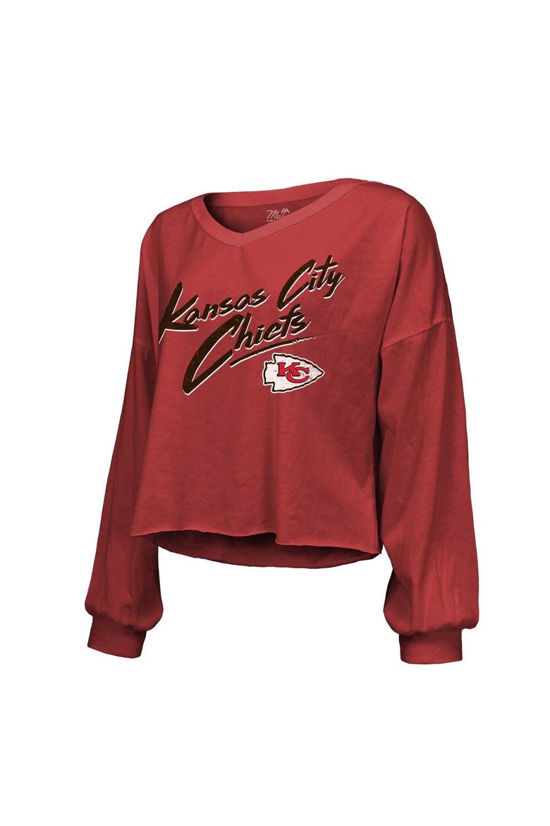 Women's Majestic Threads Patrick Mahomes Red Kansas City Chiefs Name & Number Off-Shoulder Script Cropped Long Sleeve V-Neck T-Shirt, Alternate, color, Red
