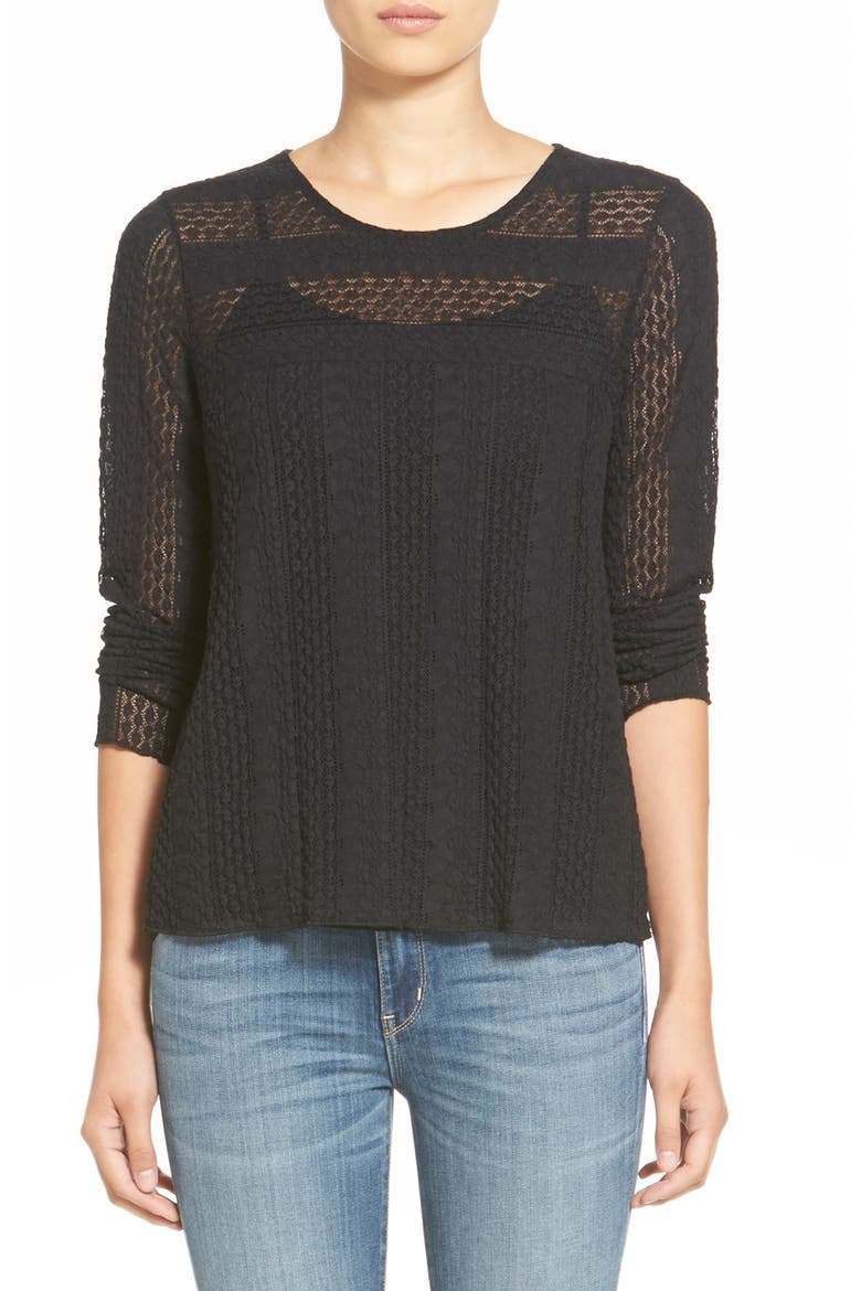 Pointelle Open Knit Top, Main, color, BLACK