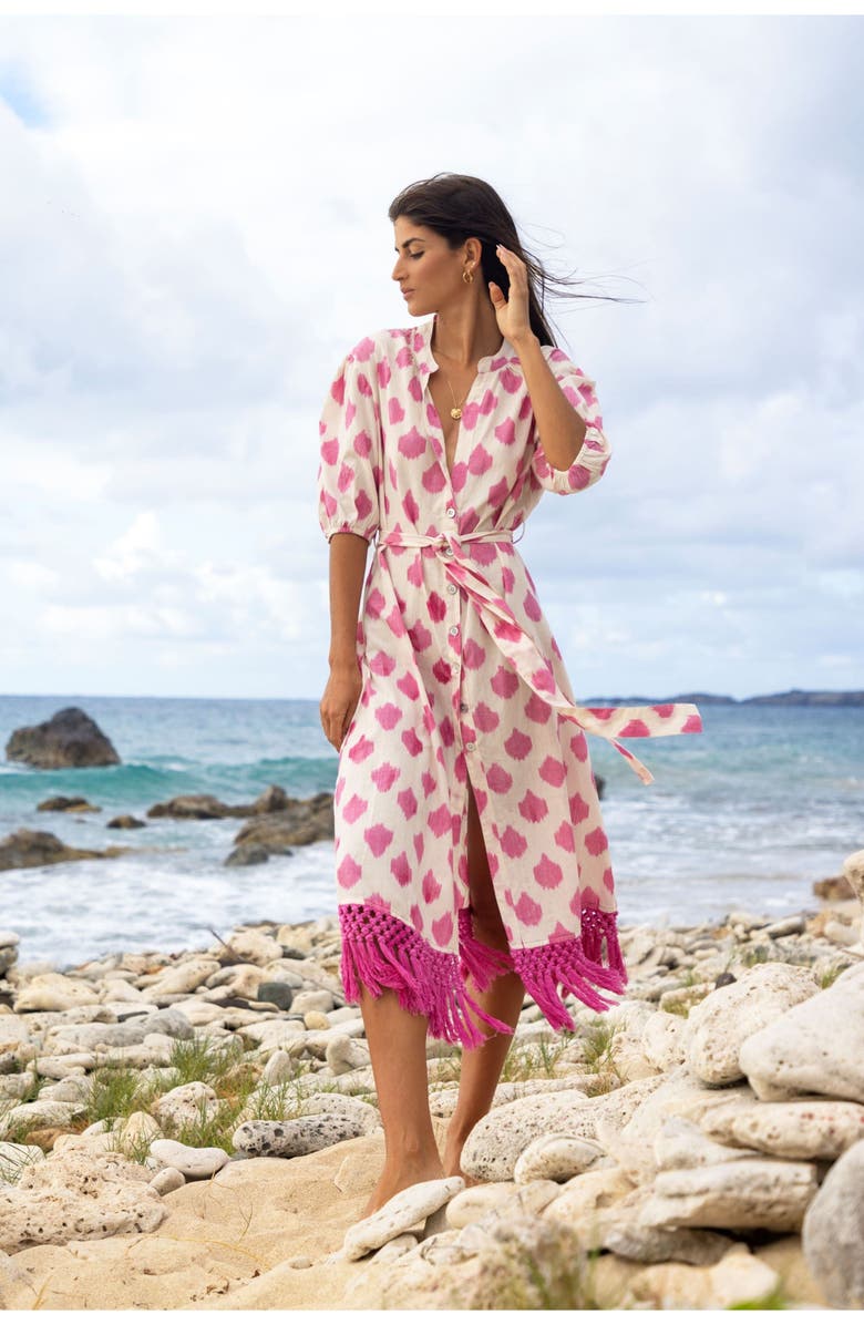 Mer St. Barth Estelle Women's Fringed Shirtdress White Pink Ikat, Alternate, color, Pink