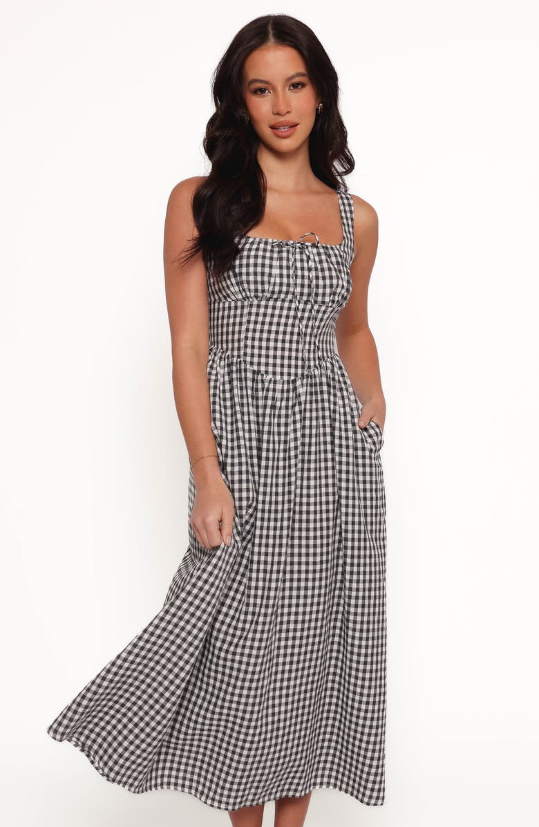 Petal & Pup Kinslee Corset Cotton Blend Midi Dress, Alternate, color, Black Gingham