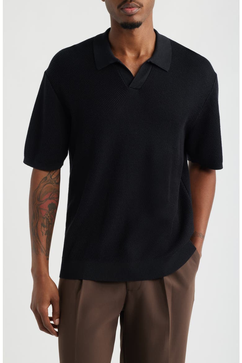 Diagonal Stitch Short Sleeve Polo Sweater, Main, color, BLACK