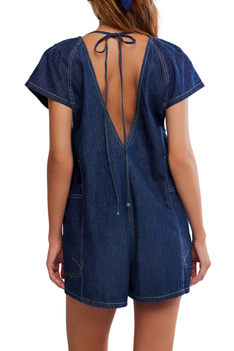 Free Fall Denim Romper, Alternate, color, DEEP BLUE