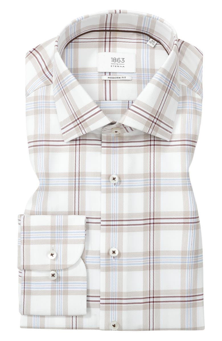 1863 by Eterna Modern Fit Plaid Non-Iron Cotton Dress Shirt, Alternate, color, Light Brown