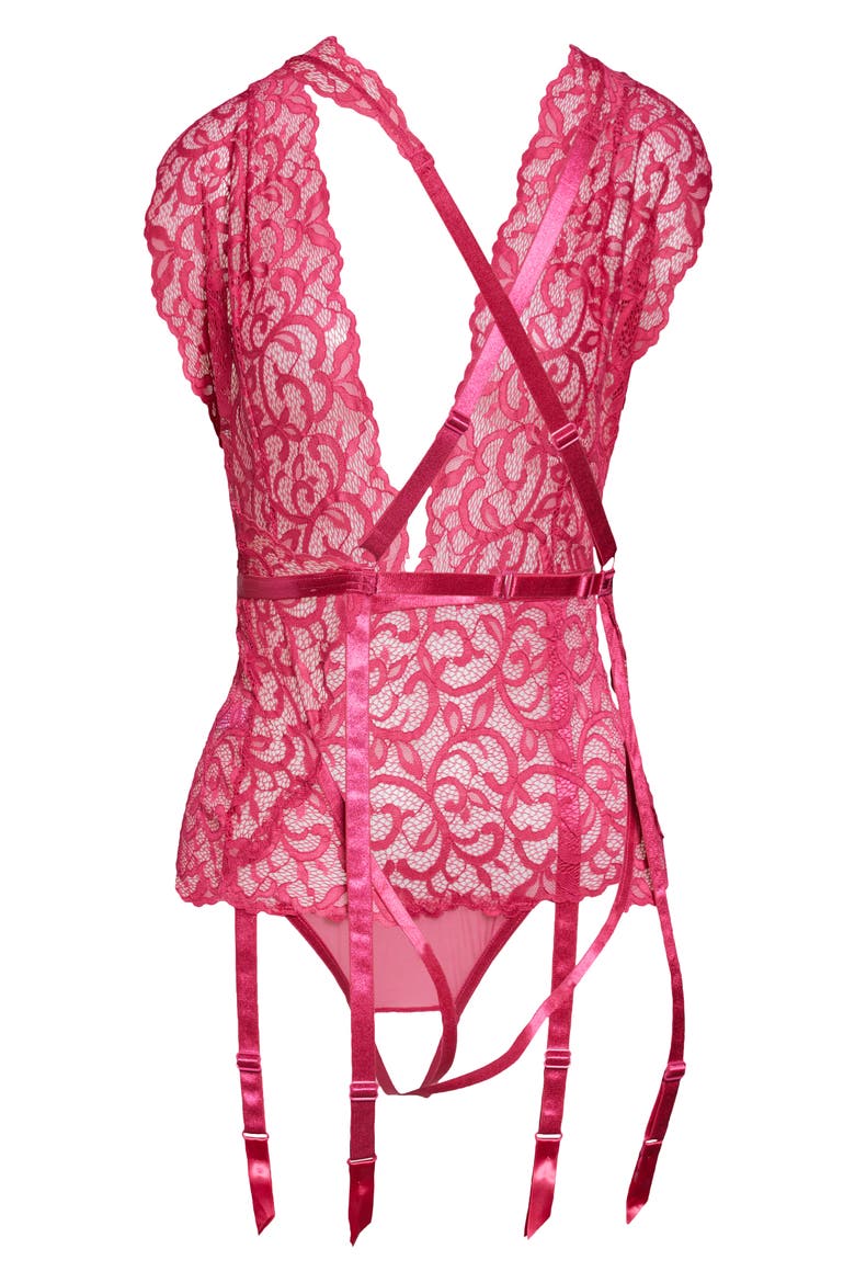Lace Teddy with Garter Straps, Alternate, color, CHERRIES JUBILEE