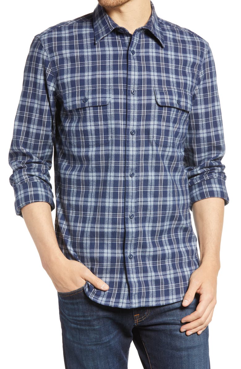 1901 Trim Fit Plaid Stretch Flannel Button-Up Shirt, Main, color, Navy Maritime Bobby Plaid