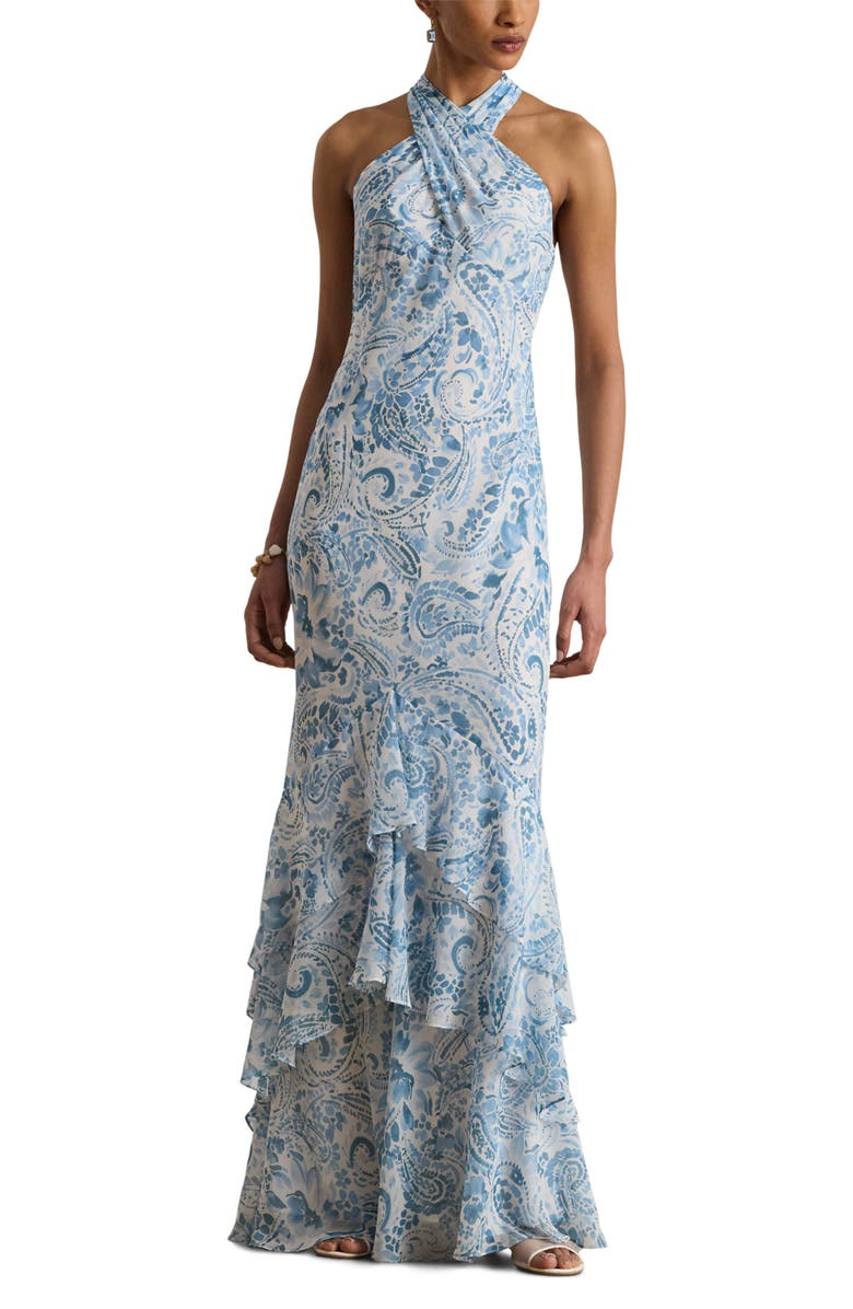 Lauren Ralph Lauren Halter Ruffle Maxi Dress, Main, color, White/ Blue Multi