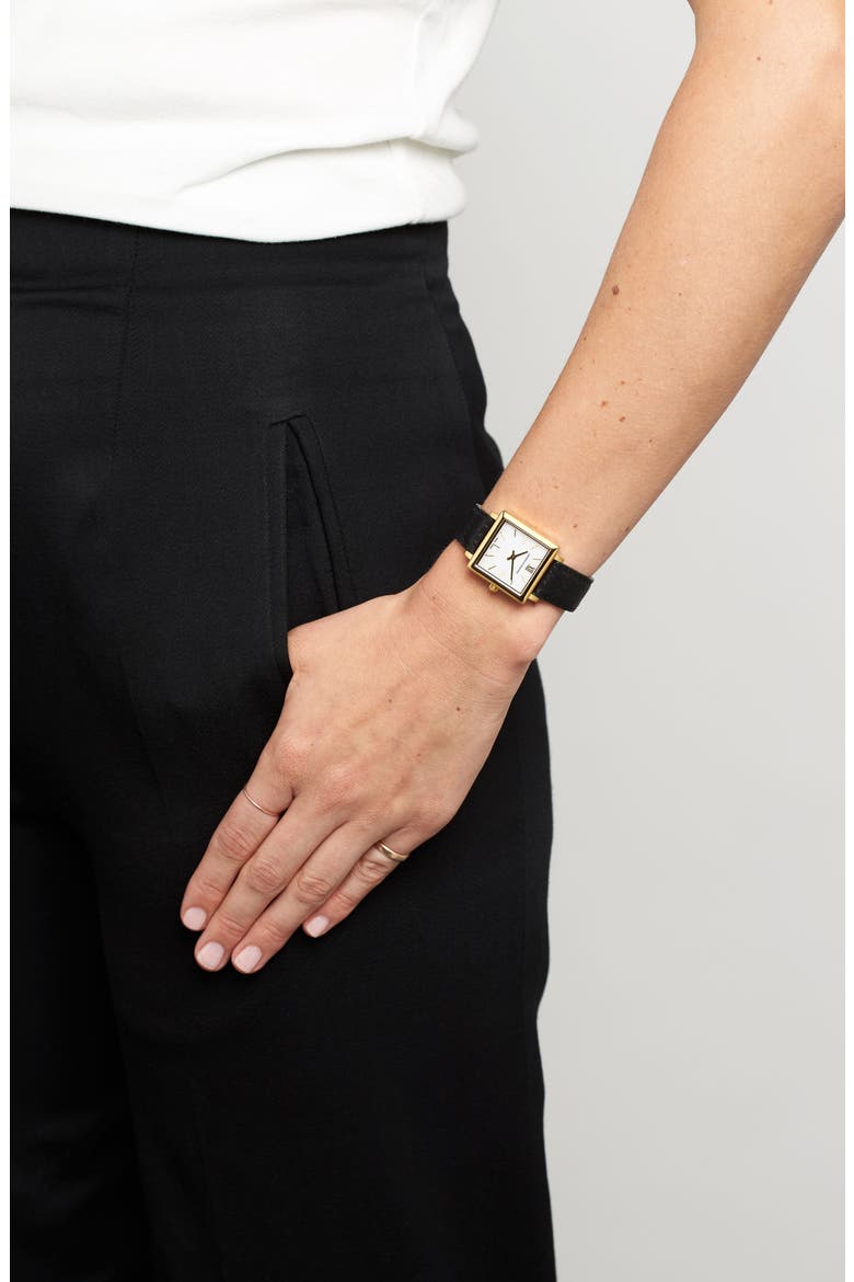 'Norse' Square Leather Strap Watch, 27mm x 34mm, Alternate, color, BLACK/ WHITE/ GOLD