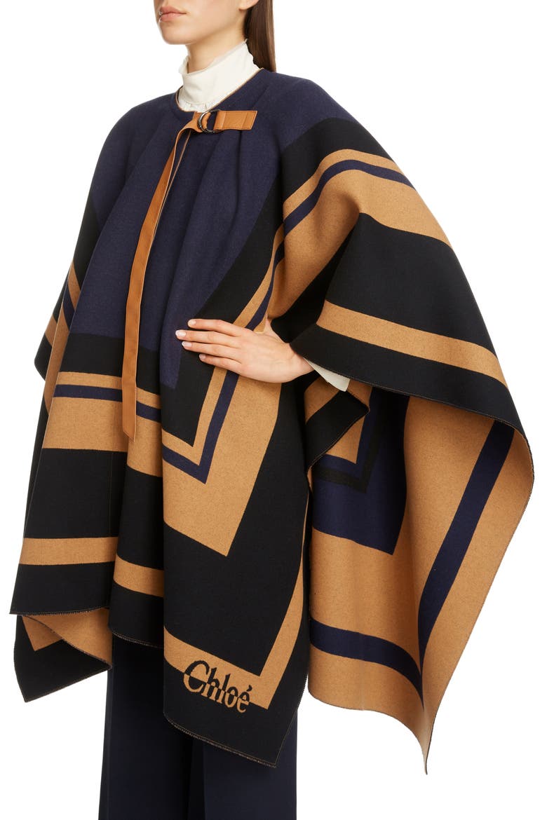 Stripe Trim Wool Cape, Alternate, color, BEIGE - BLUE