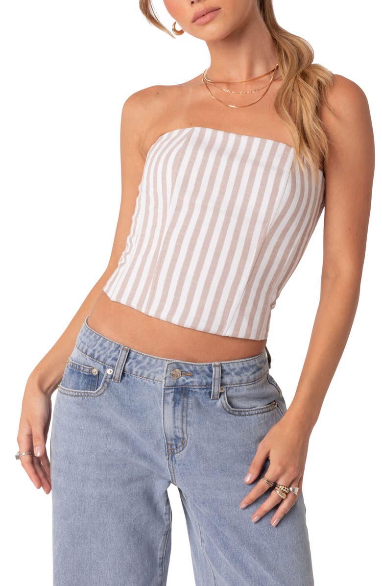 EDIKTED Adeline Lace Up Strapless Crop Top, Main, color,