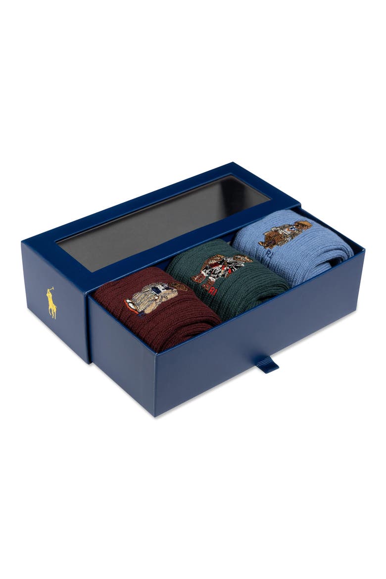 Embroidered Bears Assorted 3-Pack Cotton Blend Crew Socks Gift Box, Alternate, color, WINE/ GREEN/ BLUE ASSORTED