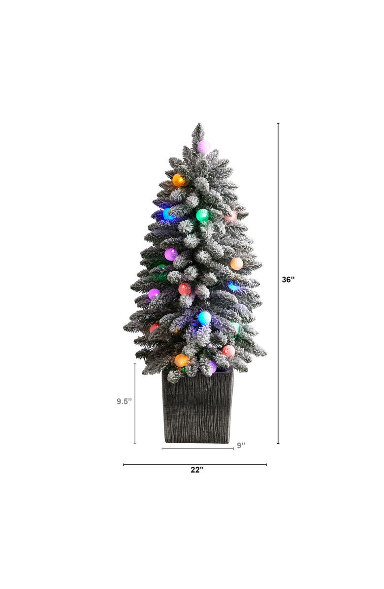 NEARLY NATURAL 3-ft Flocked Highland Fir Artificial Christmas Tree with 127 Bendable Branches and 20 LED Globe Lights in Decorative Planter, Alternate, color, Green