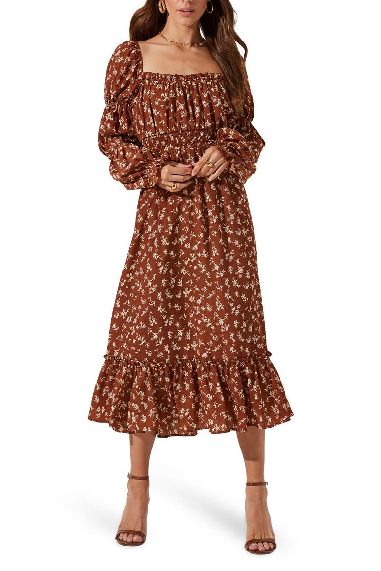 Astr Floral Cinched Long Sleeve Midi Peasant Dress, Main, color, CARAMEL FLORAL