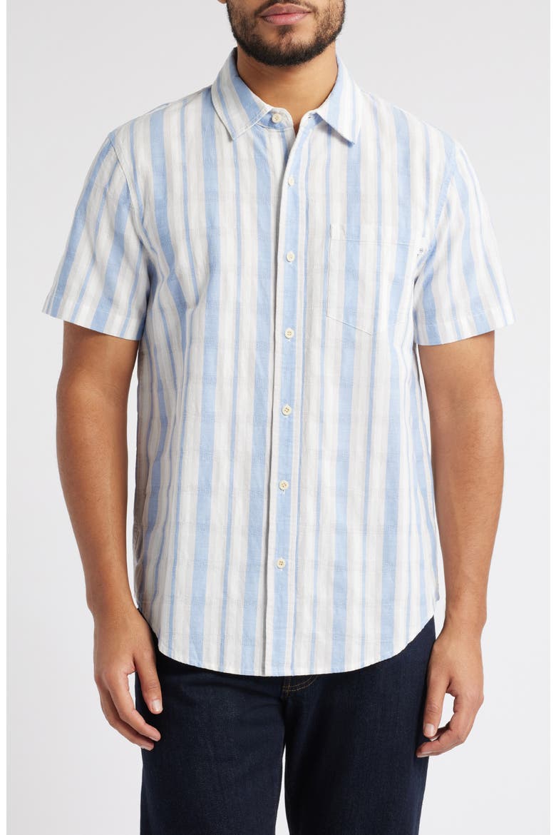 Aiden Stripe Short Sleeve Button-Up Shirt, Main, color, BLUE/TAUPE STRIPE