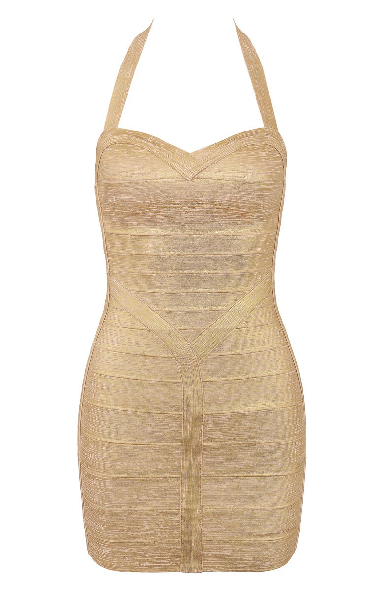 HOUSE OF CB The Supermodel Halter Neck Bandage Minidress, Alternate, color, Gold Foil
