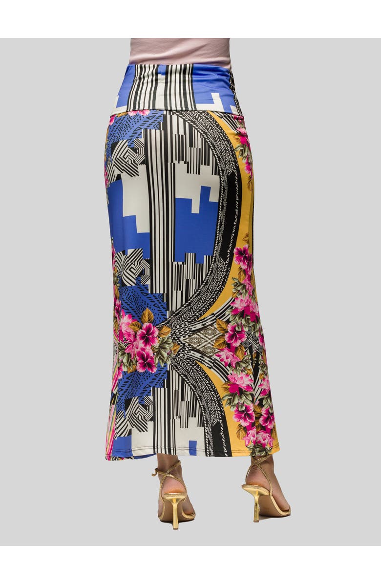 24seven Comfort Apparel Floral Print Foldover Waist Maxi Skirt, Alternate, color, Blue Multi