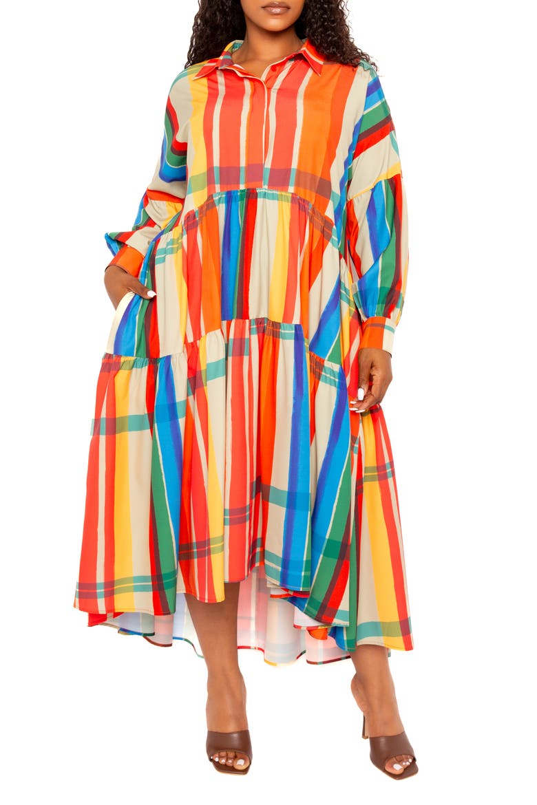 Plaid Long Sleeve Tiered Shirtdress, Main, color, RUST MULTI