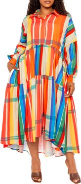 BUXOM COUTURE Plaid Long Sleeve Tiered Shirtdress