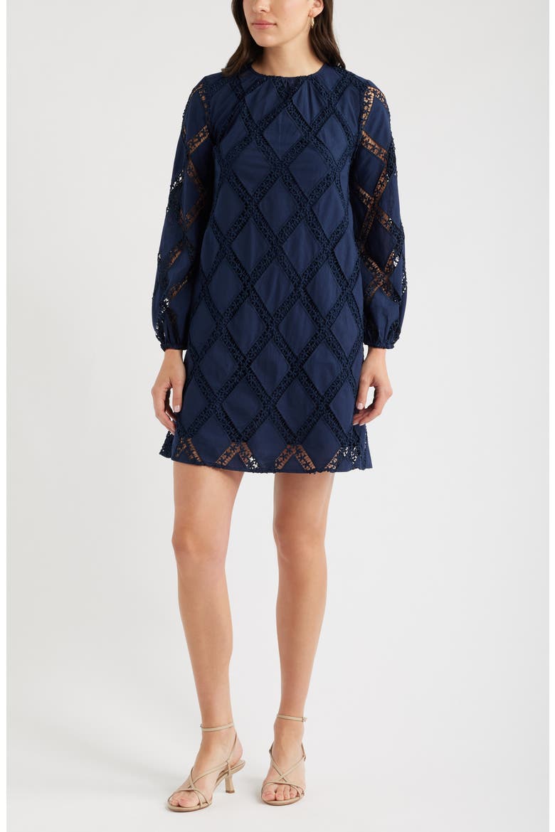 Lace Lattice Long Sleeve Cotton Dress, Main, color, NAVY STILL