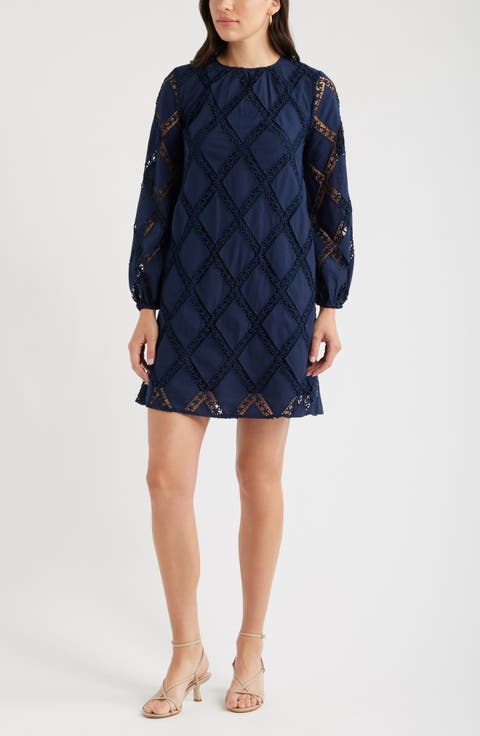 Lace Lattice Long Sleeve Cotton Dress