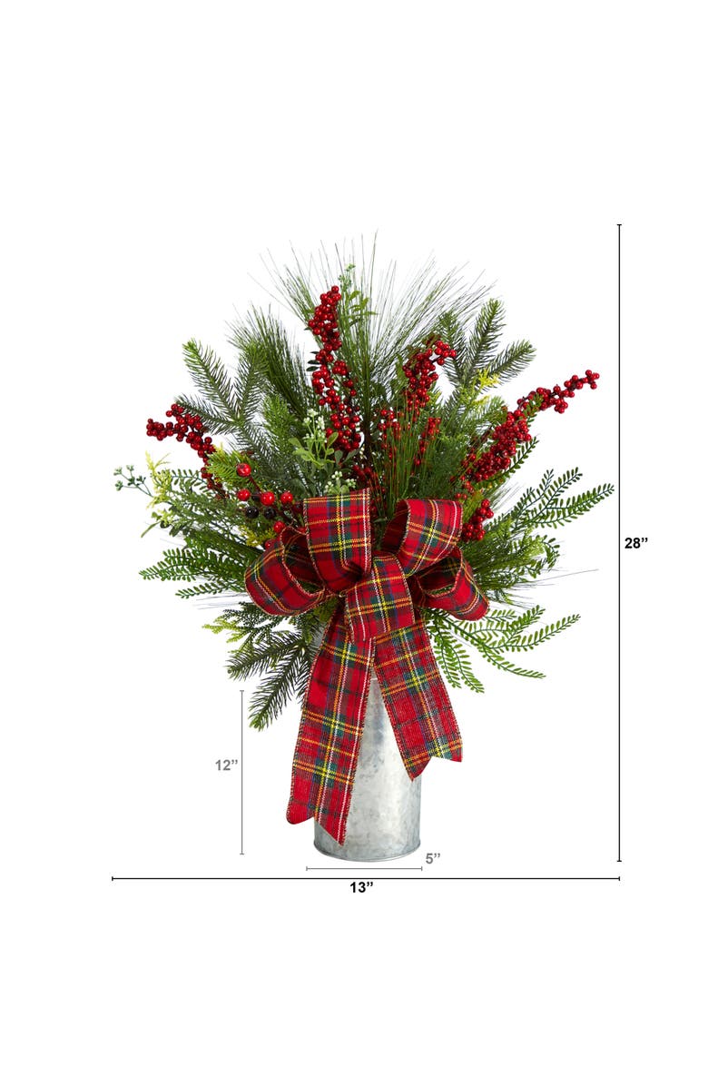 NEARLY NATURAL 28-in Holiday Winter Greenery, Berries and Plaid Bow Artificial Christmas Arrangement Home Décor, Alternate, color, Green/Red
