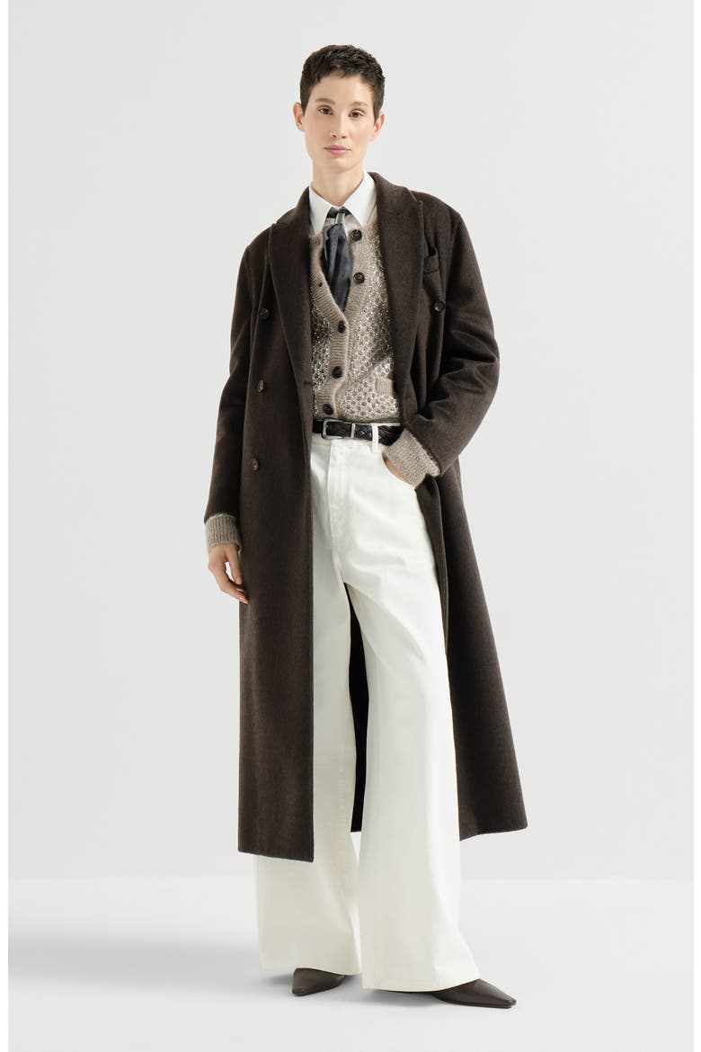 Hand-crafted coat in cashmere double beaver cloth with monili, Alternate, color, Brown