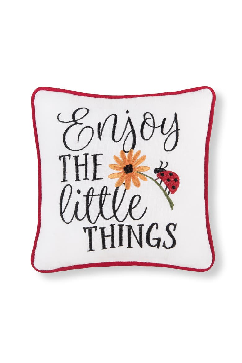 "Enjoy the Little Things" Ladybug Sunflower Cotton Blend Mini Accent Pillow 10" x 10", Main, color, White
