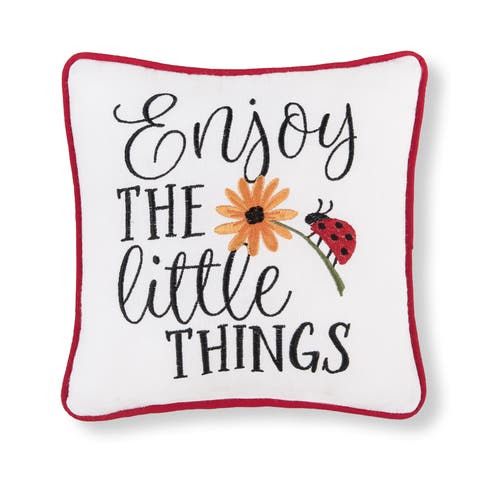 "Enjoy the Little Things" Ladybug Sunflower Cotton Blend Mini Accent Pillow 10" x 10"
