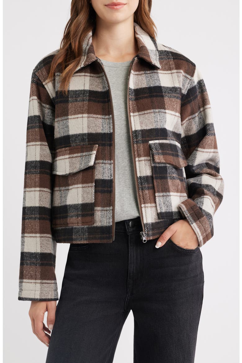 Plaid Zip Up Jacket, Main, color, BROWN PLAID
