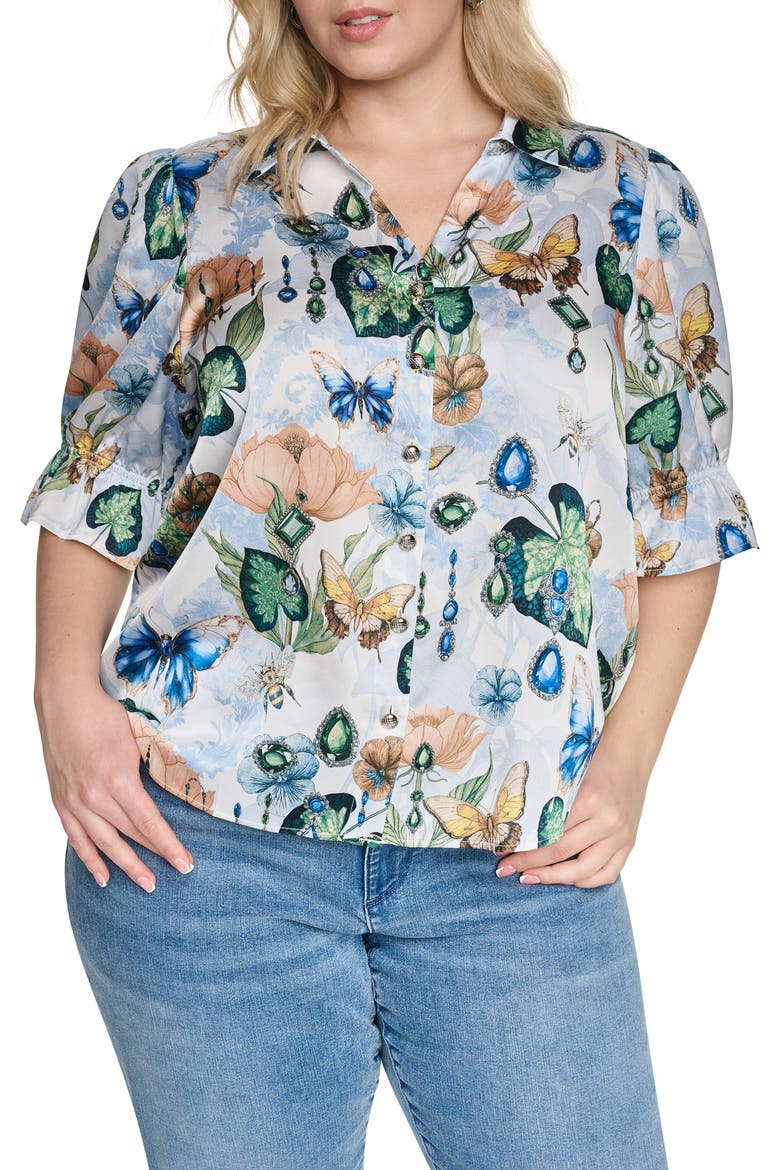 Printed Three-Quarter Sleeve Button Front Shirt, Main, color, SOFT WHITE MULTI
