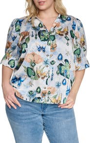 KARL LAGERFELD PARIS Printed Three-Quarter Sleeve Button Front Shirt