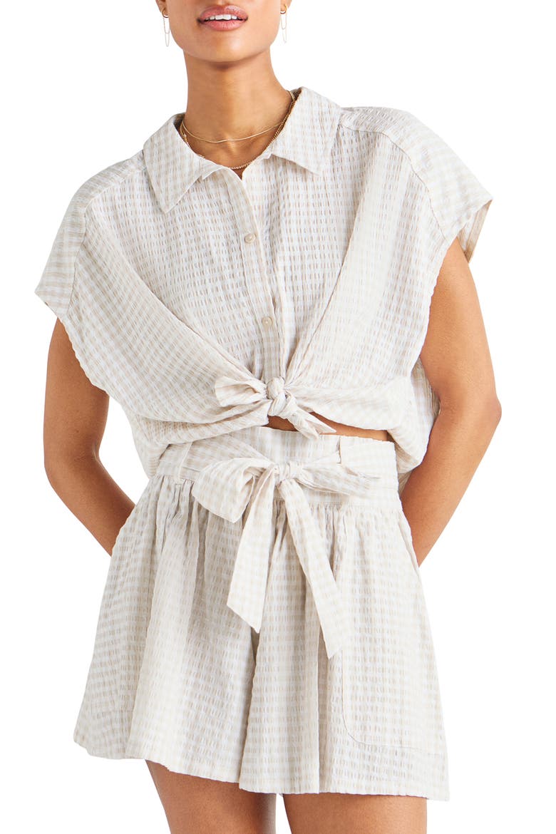 Gabrielle Cotton Blend Gingham Button-Up Shirt, Main, color, WHITE SAND/ WHITE