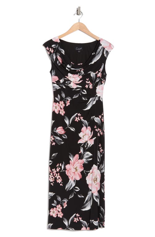 Connected Apparel Drape Neck Midi Dress In Black/dusty Rose