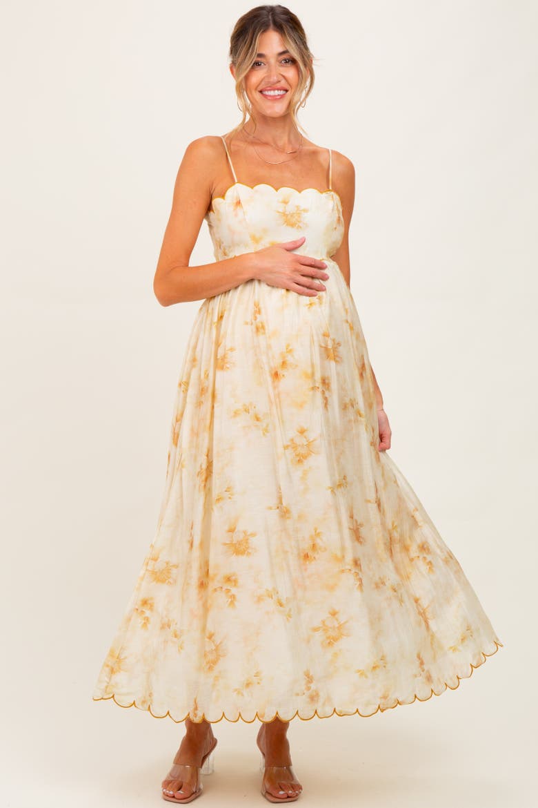 Faded Floral Scallop Edge Cutout Midi Dress, Alternate, color, Yellow