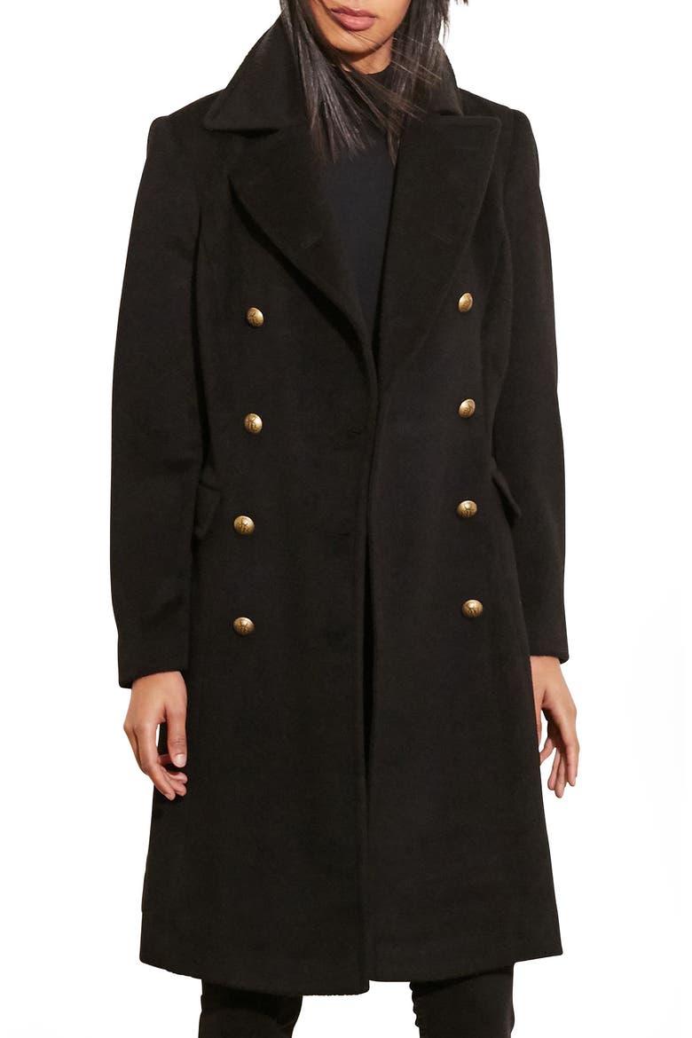 Skirted Wool Blend Military Coat, Alternate, color, BLACK