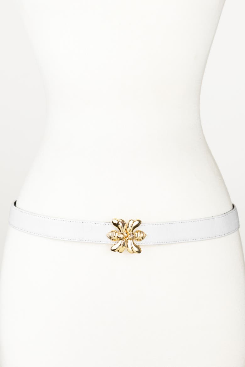 Double Bee Clasp Buckle Leather belt, Main, color, White