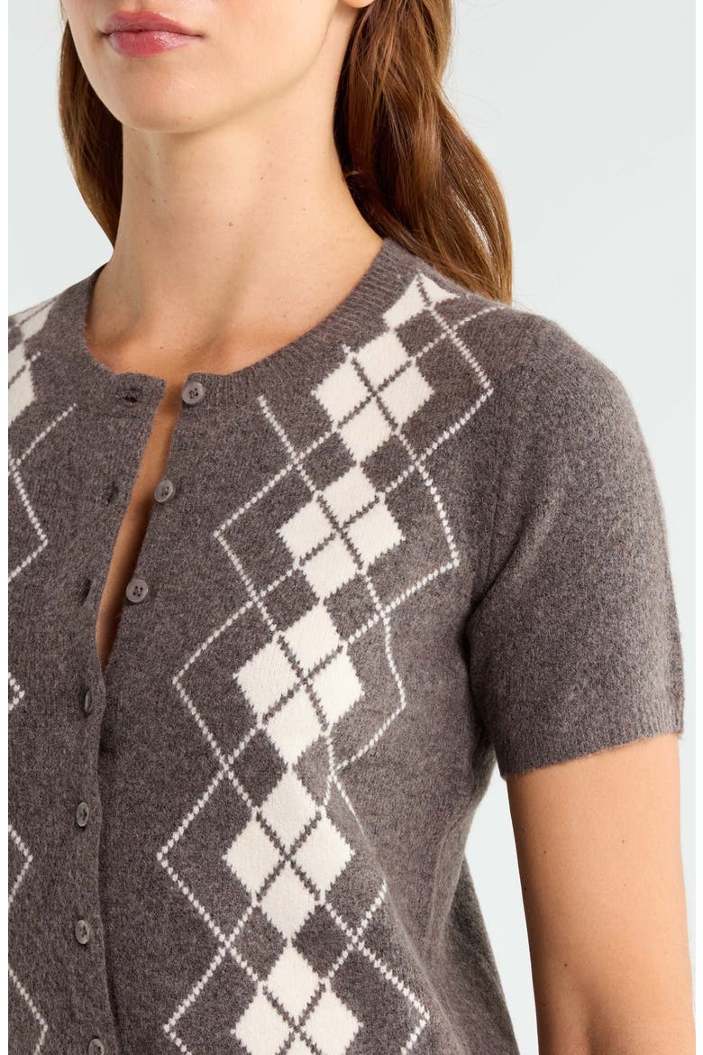 Argyle Short Sleeve Sweater, Alternate, color, HOT FUDGE HTR