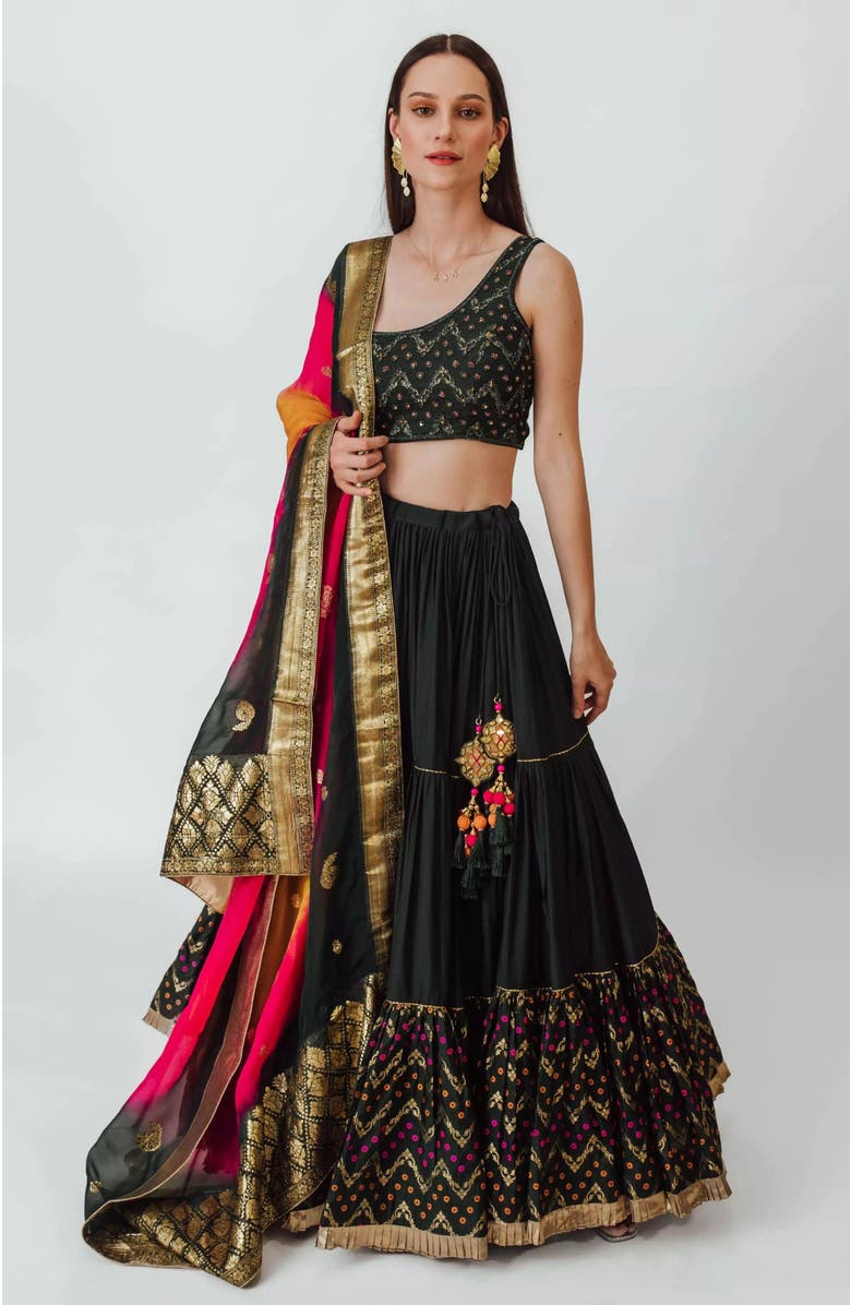 RAAS Mariana Tiered Lehenga with One Shoulder Blouse, Main, color, Green