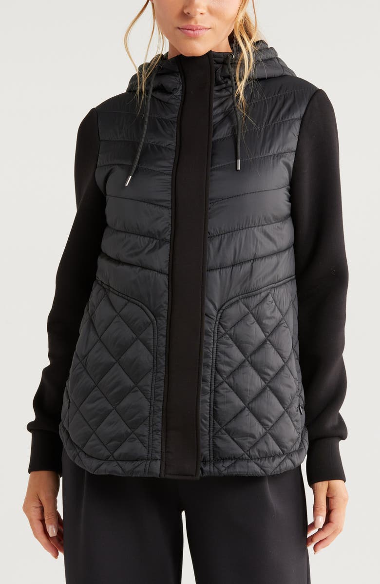 Zella Hybrid Quilted Knit Hooded Jacket, Alternate, color, Black
