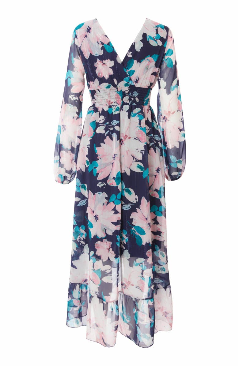 QUIZ Floral Chiffon Glitter Long Sleeve Maxi Dress, Alternate, color, 