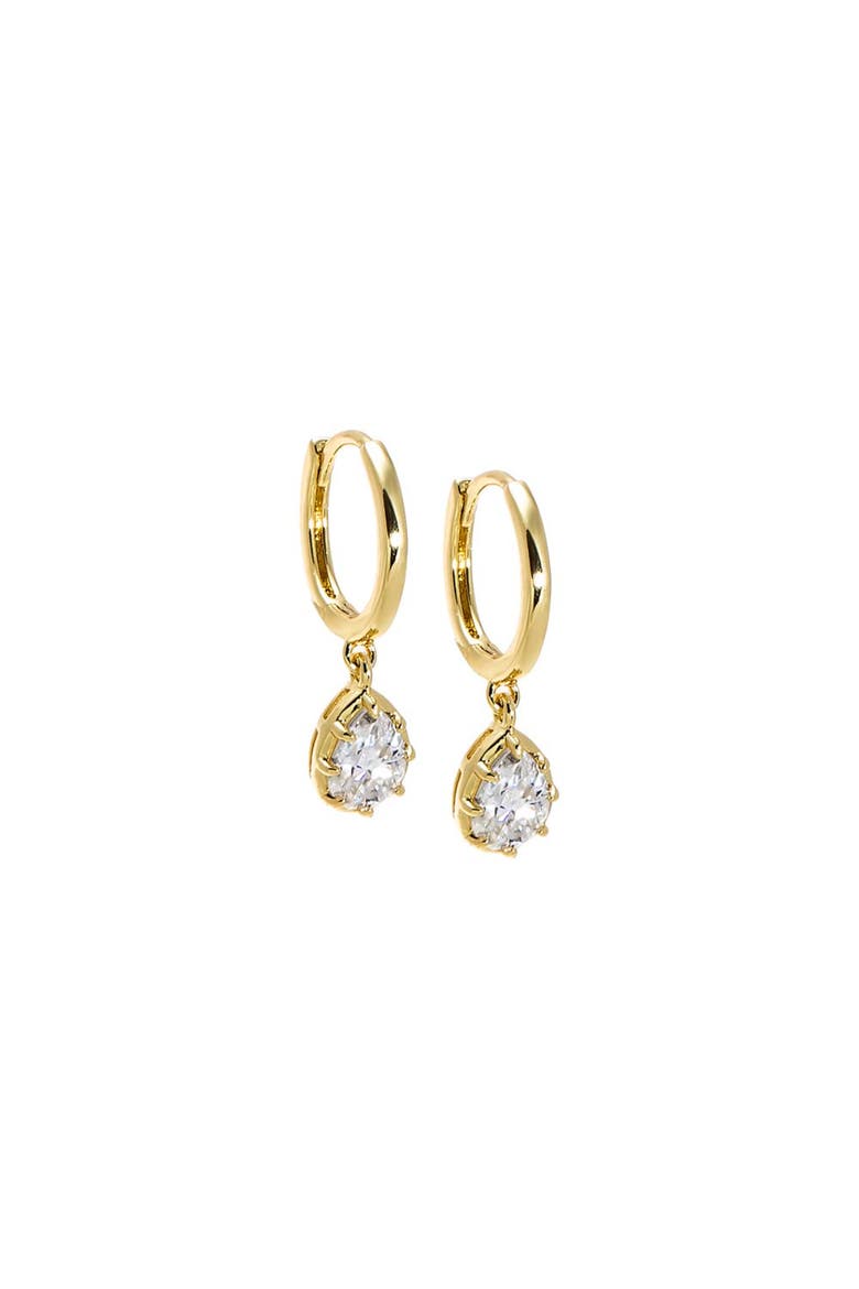 Moissanite Pear Bezel Dangling Huggie Earring, Main, color, Gold
