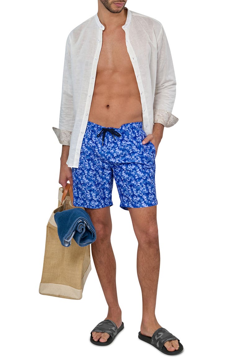 Slim Fit Abstract Leaf Swim Trunks, Alternate, color, NAVY/BLUE